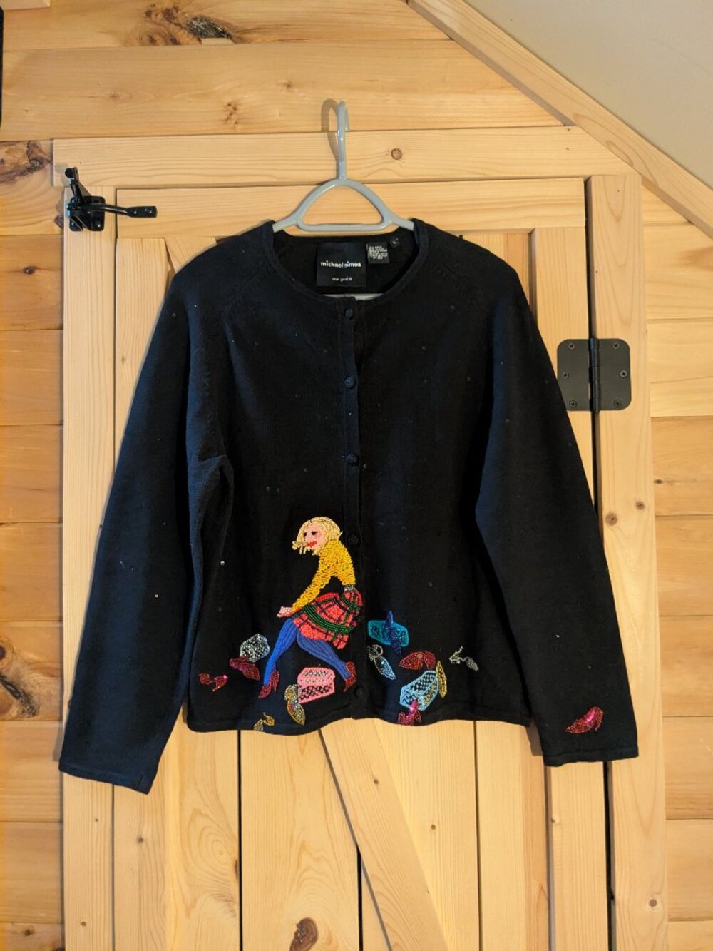 Vtg Michael Simon Womens Large Beaded Shoes Novelty Cardigan Sweater Black Y2K